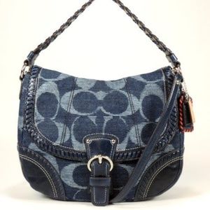 Coach Denim Blue Signature Flap Hobo Handbag